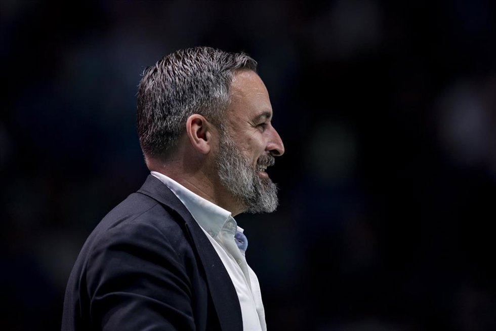 El líder de Vox, Santiago Abascal, durante el acto Viva 24 de Vox, en el Palacio de Vistalegre, a 19 de mayo de 2024, en Madrid.
