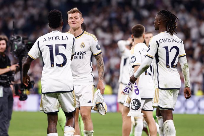 Players of Real Madrid celebrate the 2-1 victory and the pass to the Final during the UEFA Champions League.