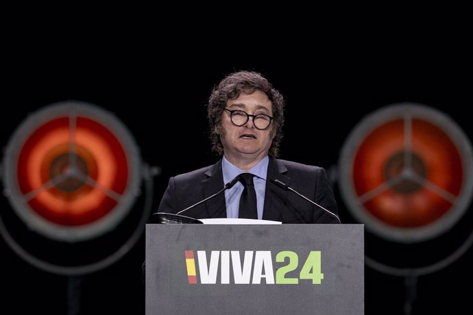 El president de l'Argentina, Javier Milei, intervé durant l'acte 'Viva 24' de VOX, al palau de Vistalegre