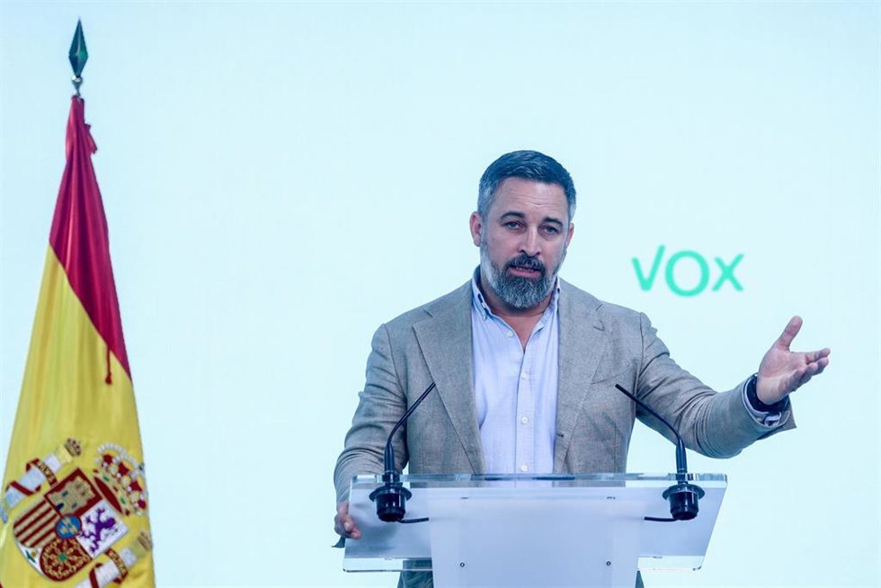 El presidente de VOX, Santiago Abascal, durante una rueda de prensa, en la sede del partido, a 20 de mayo de 2024, en Madrid (España).
