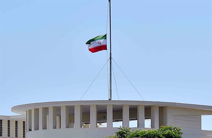 May 20, 2024, Pakistan: KARACHI, PAKISTAN, MAY 20: National flag of Iran flying half-mast on Iran Consulate .Building, a day of mourning is being observed across Pakistan over the death of Iranian .President Ebrahim Raisi and his companions in helicopter 