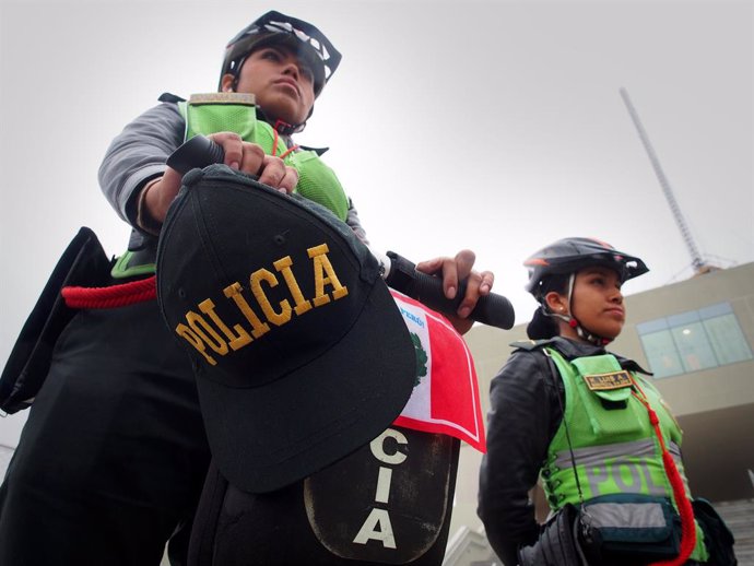 Archivo - June 1, 2019 - Lima, Lima, Peru - Motorized Police women at the athletic stadium of the venue of the national sports village (VIDENA) when the Directorate of Traffic, Transportation and Road Safety of the Peruvian National Police carries out the