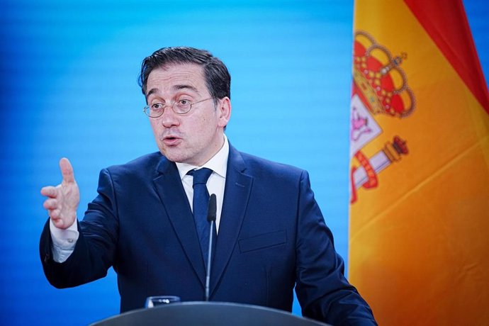 Archivo - FILED - 21 April 2023, Berlin: Spanish Foreign Minister Jose Manuel Albares Bueno speaks during a press conference. Photo: Kay Nietfeld/dpa