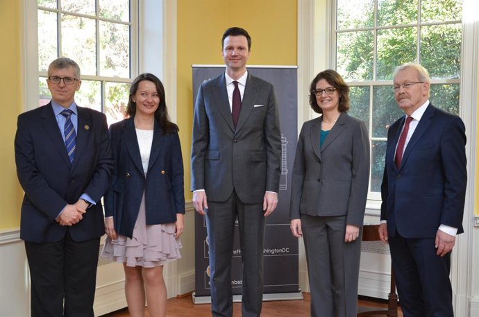 Photo of NCCN CEO Crystal S. Denlinger, MD, with oncology experts at the Polish Embassy, November 2021.