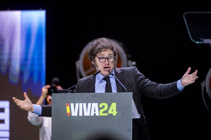 May 19, 2024, Madrid, Spain: Javier Milei, president of Argentina and leader of the Argentinian right-wing political party La Libertad Avanza, speaks during the political convention Europa Viva 24 organized by the far-right Spanish party VOX at Palacio de