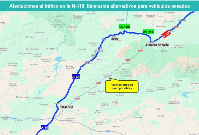 Itinerario alternativo para camiones por las obras del puente de Cabezuela del Valle.