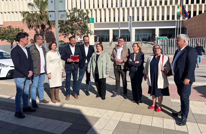 El portavoz del grupo municipal del PSOE, Daniel Pérez, junto con ediles socialistas en la ciudad de la justicia