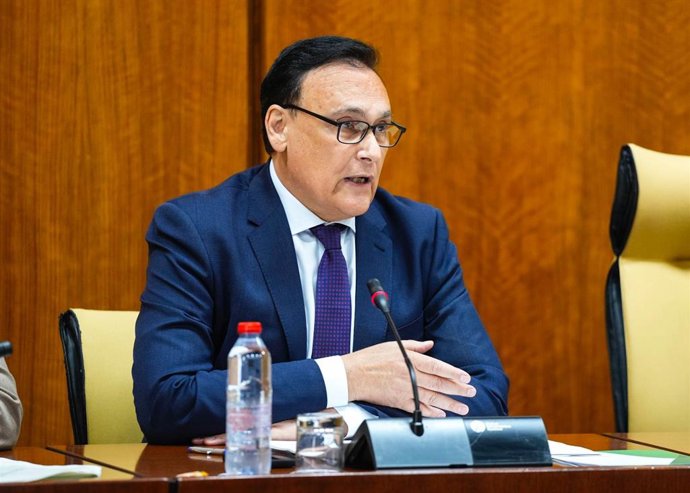 El consejero de Universidad de la Junta de Andalucía, José Carlos Gómez Villamandos, en la comisión parlamentaria del 21 de mayo de 2024.