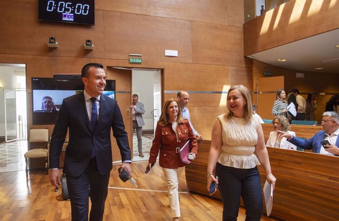 Imagen del presidente de la Diputación de Valencia, Vicent Mompó, y la vicepresidenta de la institución, Natàlia Enguix, en el pleno de la corporación provincial, con el diputado socialista conectado al fondo.  