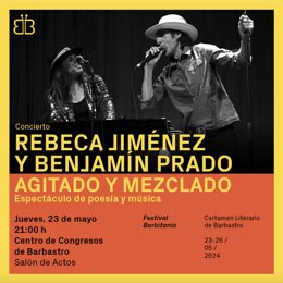 Cartel de 'Agitado y mezclado', el espectáculod de poesía y música con Rebeca Jiménez y Benjamín Prado.