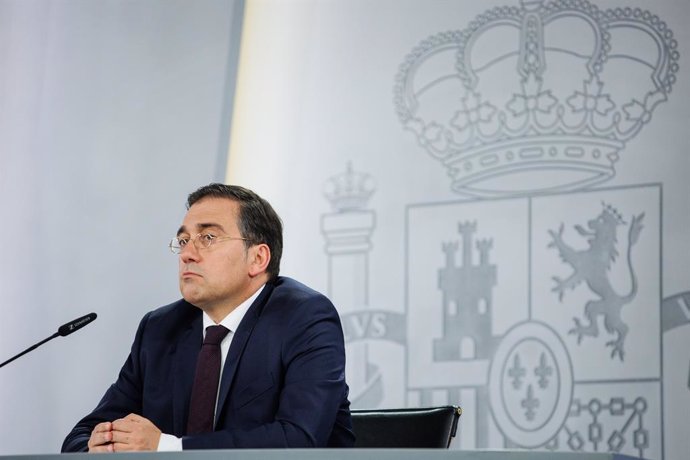 El ministro de Asuntos Exteriores, Unión Europea y Cooperación, José Manuel Albares, durante una rueda de prensa posterior a la reunión del Consejo de Ministros, a 21 de mayo de 2024, en Madrid (España). El Consejo de Ministros ha aprobado hoy la prevalen