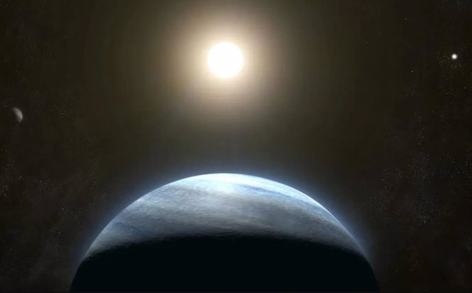 Concepto artístico del planeta TOI 4633 c en su sistema estelar doble.