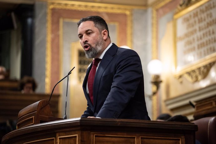 Archivo - El líder de VOX, Santiago Abascal, interviene durante una sesión plenaria, en el Congreso de los Diputados, a 14 de marzo de 2024, en Madrid (España).