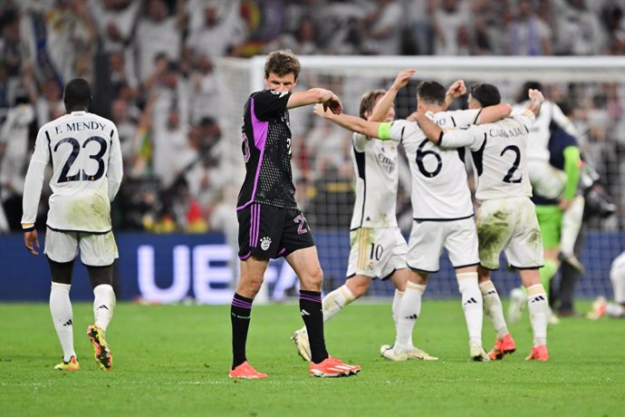 08 May 2024, Spain, Madrid: Munich's Thomas Mueller reacts after the defeat in the UEFA Champions League semi-final, second leg match between Real Madrid and Bayern Munich at the Santiago Bernabeu. Photo: Peter Kneffel/dpa