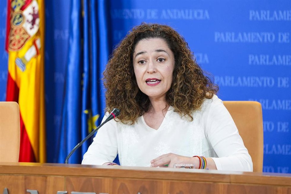 La portavoz del Grupo Por Andalucía, Inma Nieto, este miércoles en rueda de prensa en el Parlamento de Andalucía.