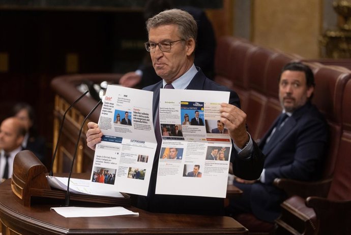 El presidente del PP, Alberto Núñez Feijóo, interviene durante una sesión plenaria, en el Congreso de los Diputados, a 22 de mayo de 2024, en Madrid (España). El presidente del Ejecutivo comparece hoy en el Congreso para tratar el último Consejo Europeo