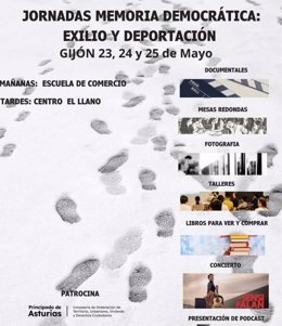 Cartel de las primeras Jornadas de la Memoria Democrática: Exilio y Deportación que se celebrará en Gijón del 23 al 25 de este mes de mayo.