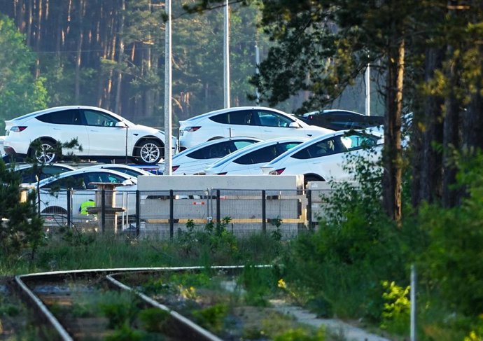 17 May 2024, Brandenburg, Grünheide: Tesla cars are parked for transportation at the edge of the forest on the eastern part of the Tesla Gigafactory site.