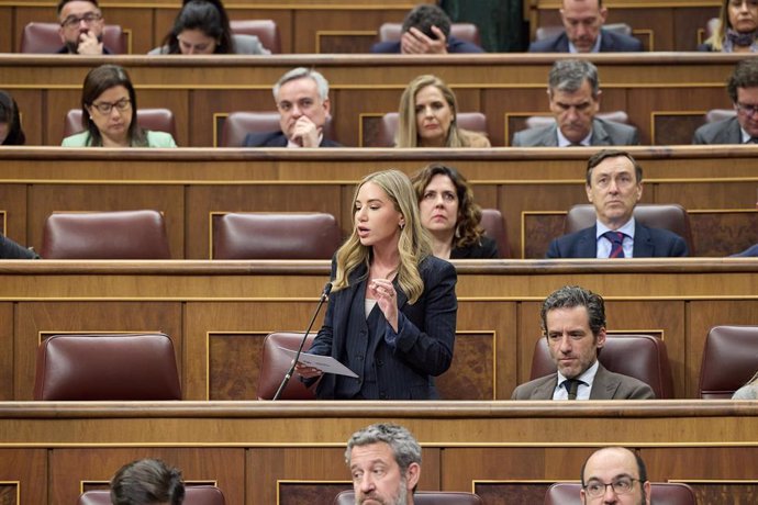 La vicesecretaria de Movilización y Reto Digital del PP nacional, Noelia Núñez, interviene durante una sesión de control al Gobierno, en el Congreso de los Diputados, a 24 de abril de 2024, en Madrid (España). 