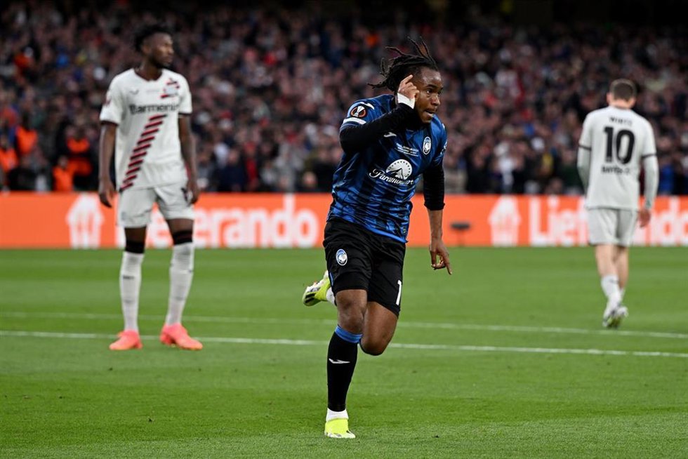 22 May 2024, Ireland, Dublin: Atalanta's Ademola Lookman celebrates scoring his side's second goal during the UEFA Europa League final soccer match between Atalanta Bergamo and Bayer Leverkusen at the Aviva Stadium. Photo: Federico Gambarini/dpa - IMPOR