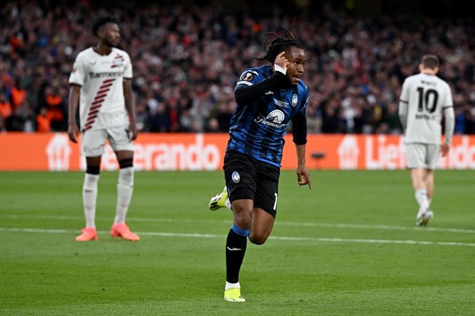 22 May 2024, Ireland, Dublin: Atalanta's Ademola Lookman celebrates scoring his side's second goal during the UEFA Europa League final soccer match between Atalanta Bergamo and Bayer Leverkusen at the Aviva Stadium. Photo: Federico Gambarini/dpa - IMPOR