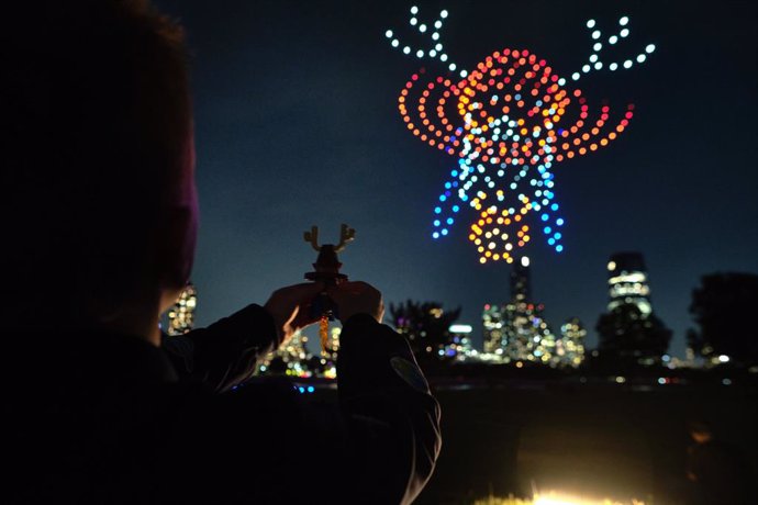 The LEGO Group blasts Unidentified Playing Objects (UPOs) above the New York City skyline on Wednesday, May 22, 2024. Inspired by kids’ creative visions, the UPOs were debuted to families at a watch party at Maritime Parc in Jersey City with astronaut Kel