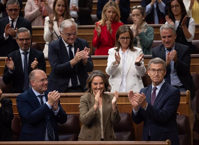 El presidente del PP, Alberto Núñez Feijóo (1d), es aplaudido durante una sesión plenaria, en el Congreso de los Diputados, a 22 de mayo de 2024, en Madrid (España). El presidente del Ejecutivo comparece hoy en el Congreso para tratar el último Consejo Eu