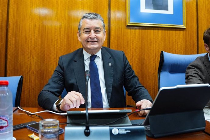El consejero andaluz de la Presidencia, Interior, Diálogo Social y Simplificación Administrativa, Antonio Sanz, este jueves en el Parlamento