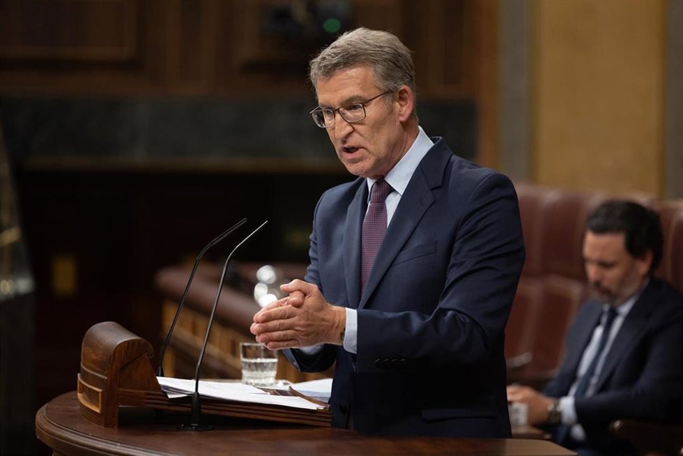 El presidente del PP, Alberto Núñez Feijóo, interviene durante una sesión plenaria, en el Congreso de los Diputados, a 22 de mayo de 2024, en Madrid (España). El presidente del Ejecutivo comparece hoy en el Congreso para tratar el último Consejo Europeo