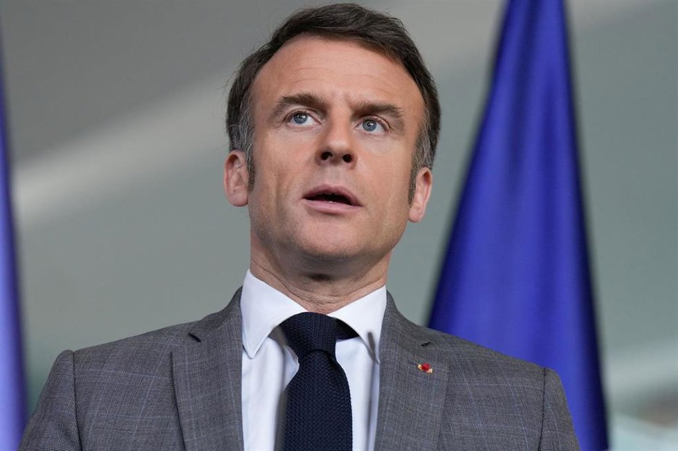 Archivo - March 15, 2024, Berlin, Berlin, Deutschland: Emmanuel Macron beim Pressestatement nach einem gemeinsamen Gesprch des Weimarer Dreiecks im Bundeskanzleramt. Berlin, 15.03.2024
