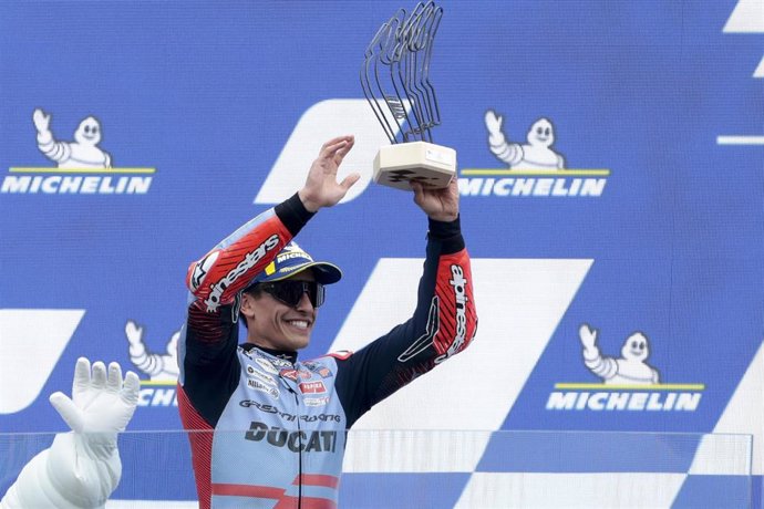 Second place Marc Marquez of Spain #93 and Gresini Racing MotoGP (Ducati) during the podium ceremony following the 2024 MotoGP Michelin Grand Prix de France (27 laps, FrenchGP) on day 3 at the Circuit Bugatti on May 12, in Le Mans