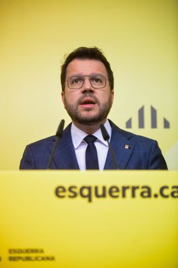 El presidente de la Generalitat de Catalunya y candidato de ERC a la reelección, Pere Aragons, durante una rueda de prensa en la sede de ERC, a 13 de mayo de 2024, en Barcelona, Catalunya (España). 