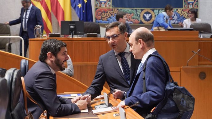 Los diputados de VOX Santiago Morón y Femín Civiac hablan con el vicepresidente primero del Gobierno de Aragón y presidente de VOX en Teruel, Alejandro Nolasco.