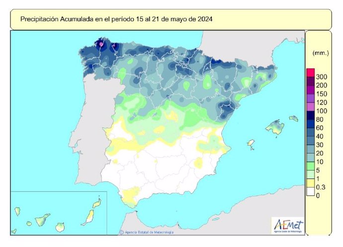 Las lluvias acumuladas desde octubre en España se mantienen en un 6% por encima de su valor normal con 534 l/m2.