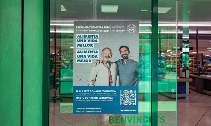 Cartel promocional de la campaña de recogida de alimentos de primavera entre Mercadona y el Banco de Alimentos, en la que participarán todas las filiales que tiene en Mallorca.