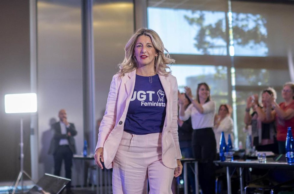La vicepresidenta segunda y ministra de Trabajo y Economía Social, Yolanda Díaz, durante la clausura del II Encuentro de Mujeres Dirigentes, en el Hotel PCM Fórum Alcalá, a 24 de mayo de 2024, en Alcalá de Henares, Madrid (España).