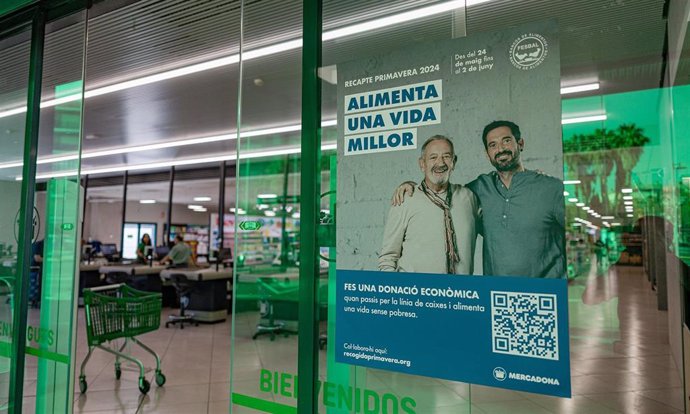 Cartel promocional de la Recogida Primavera de los bancos de alimentos españoles, una campaña en la que colabora Mercadona al habilitar la recogida de donativos en sus establecimientos
