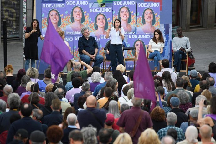 La candidata de Podemos a las elecciones europeas, Irene Montero, interviene durante el inicio de la campaña electoral de Podemos, en la plaza de Arturo Barea, a 23 de mayo de 2024, en Madrid (España). 