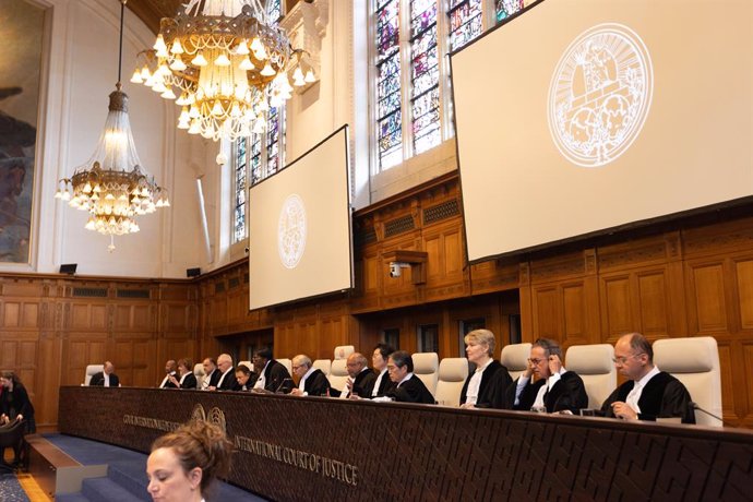 THE HAGUE, May 16, 2024  -- Judges attend a hearing of the International Court of Justice (ICJ) at the Peace Palace in The Hague, the Netherlands, on May 16, 2024 The International Court of Justice (ICJ) opened its two-day hearings on Thursday regarding S