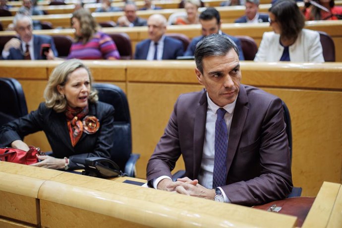 Archivo - El presidente del Gobierno, Pedro Sánchez, y la vicepresidenta primera y ministra de Asuntos Económicos y Transformación Digital, Nadia Calviño, durante una sesión de control al Gobierno en el Senado, a 22 de noviembre de 2022, en Madrid (España