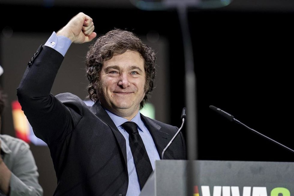 El presidente de Argentina, Javier Milei, interviene durante el acto Viva 24 de VOX, en el Palacio de Vistalegre