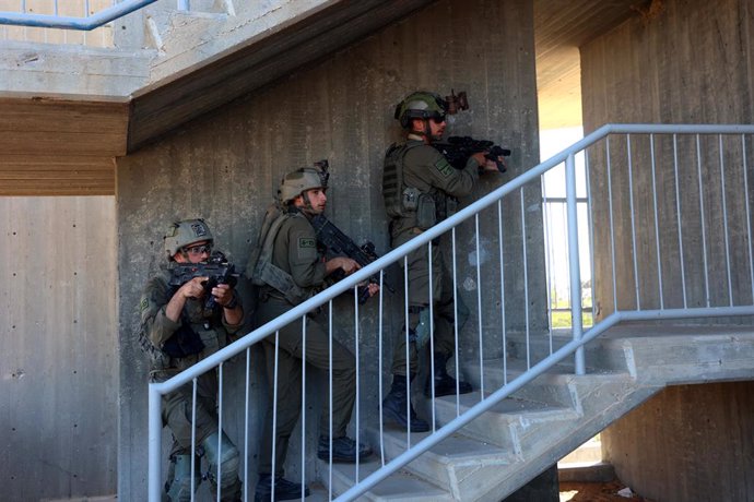 KEREM SHALOM CROSSING, May 7, 2024  -- Israeli soldiers take part in a drill before entering Gazan city of Rafah near the Kerem Shalom crossing in Israel, on May 7, 2024.