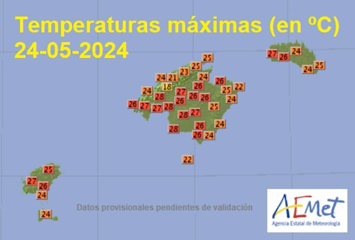 Mapa de temperaturas máximas en Baleares, a 24 de mayo de 2024.