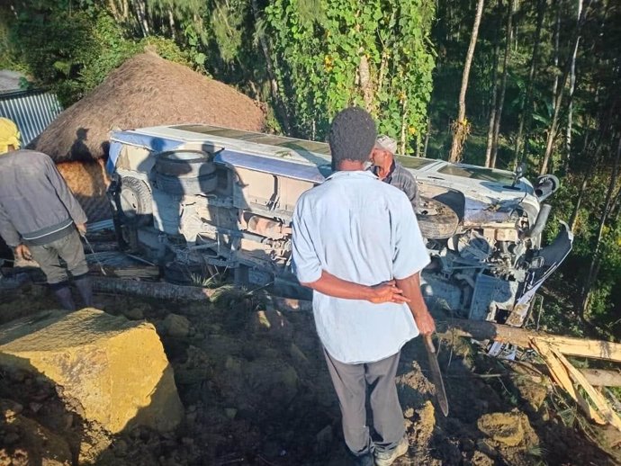 ENGA, May 24, 2024  -- This photo taken with a mobile photo shows a scene near a landslide in Enga province, Papua New Guinea, May 24, 2024. At about 3:00 a.m. local time on Friday, a landslide struck Kaokalam village in Enga province, located over 600 km