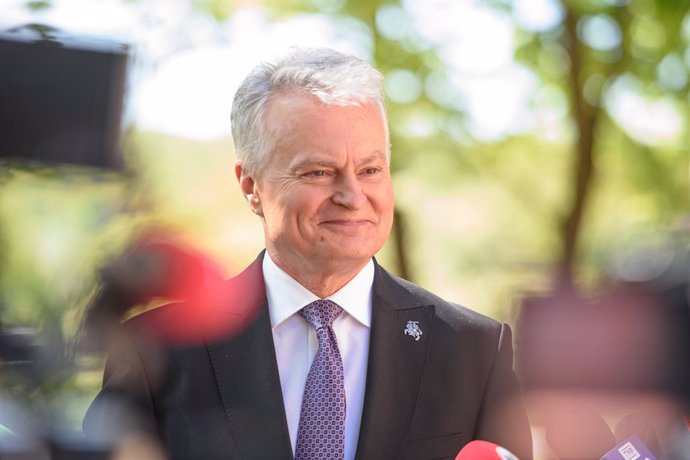 May 12, 2024, Vilnius, Lithuania: Lithuania's President Gitanas Nauseda addresses the journalists after voting in the first round of Lithuania's presidential election at a polling station in Vilnius. Lithuania's President Gitanas Nauseda voted in the firs