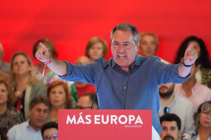 El secretario general del PSOE de Andalucía, Juan Espadas, este sábado durante su participación en el mítin del PSOE por la campaña de las elecciones europeas.