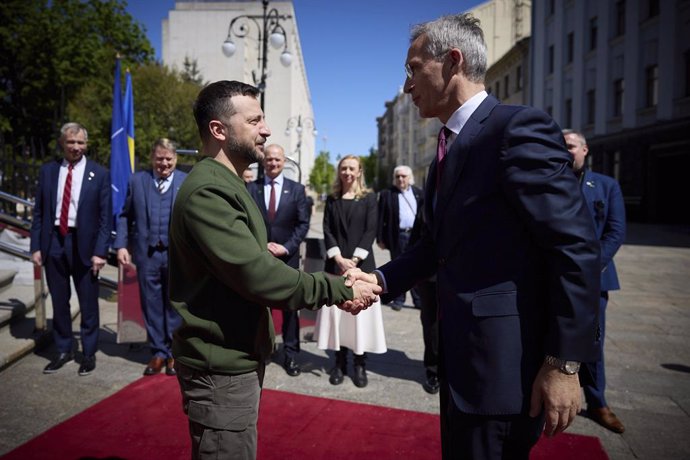 April 29, 2024, Kiev, Kyiv Oblast, Ukraine: Ukrainian President Volodymyr Zelenskyy, left, welcomes NATO Secretary General Jens Stoltenberg, right, on arrival at the Mariinsky Palace, April 29, 2024, in Kyiv, Ukraine.