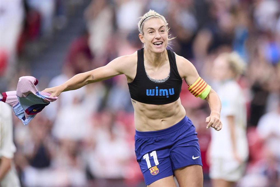 Alexia Putellas of FC Barcelona celebrates after scoring goal during the UEFA Women's Champions League 2023/24 Final match between FC Barcelona and Olympique Lyonnais at San Mames on May 25, 2024, in Bilbao, Spain.