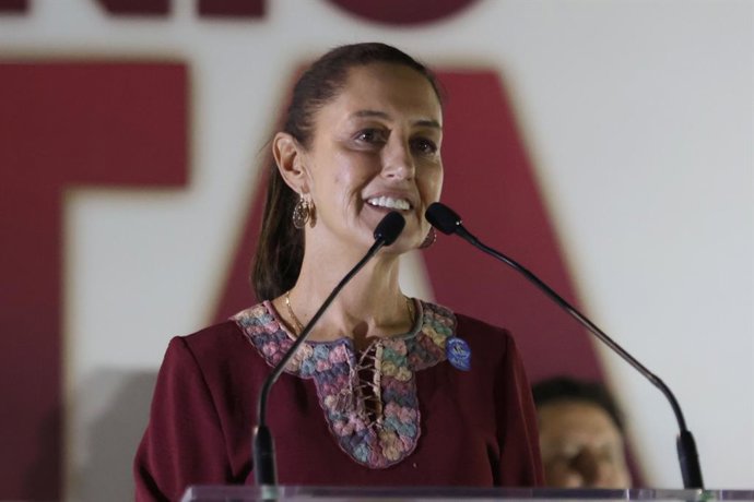 Claudia Sheinbaum Pardo, Mexico's Presidential candidate by â€Juntos Hagamos Historia' alliance speaking during a rally campaign event heading to the elections at Benito Juárez mayor office esplanade. on May 22, 2024 in Mexico City, Mexico.