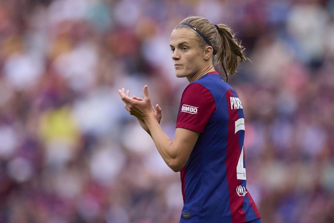 Irene Paredes of FC Barcelona reacts during the UEFA Women's Champions League 2023/24 Final match between FC Barcelona and Olympique Lyonnais at San Mames on May 25, 2024, in Bilbao, Spain.